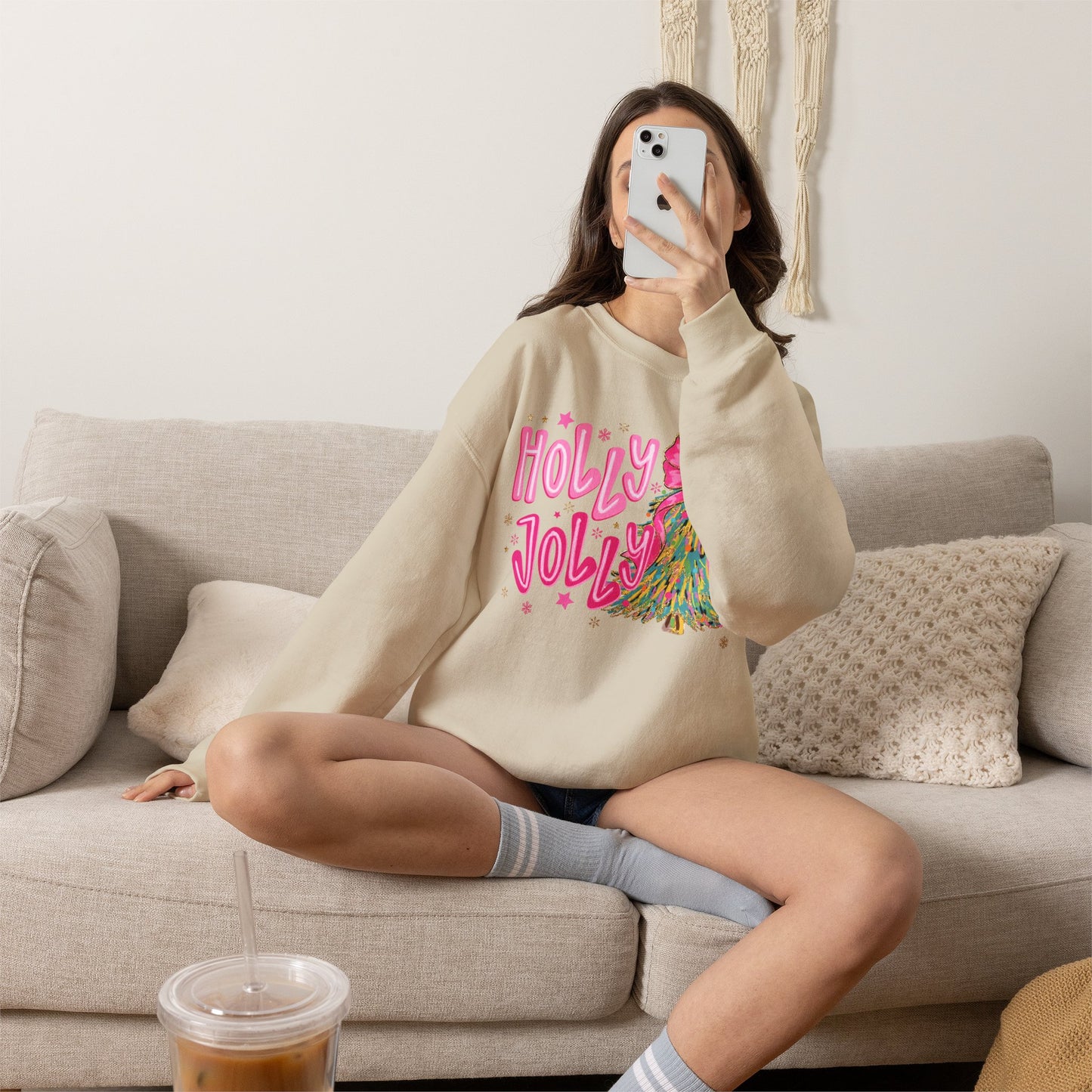 Holly Jolly Pink Christmas Tree Crewneck Sweatshirt
