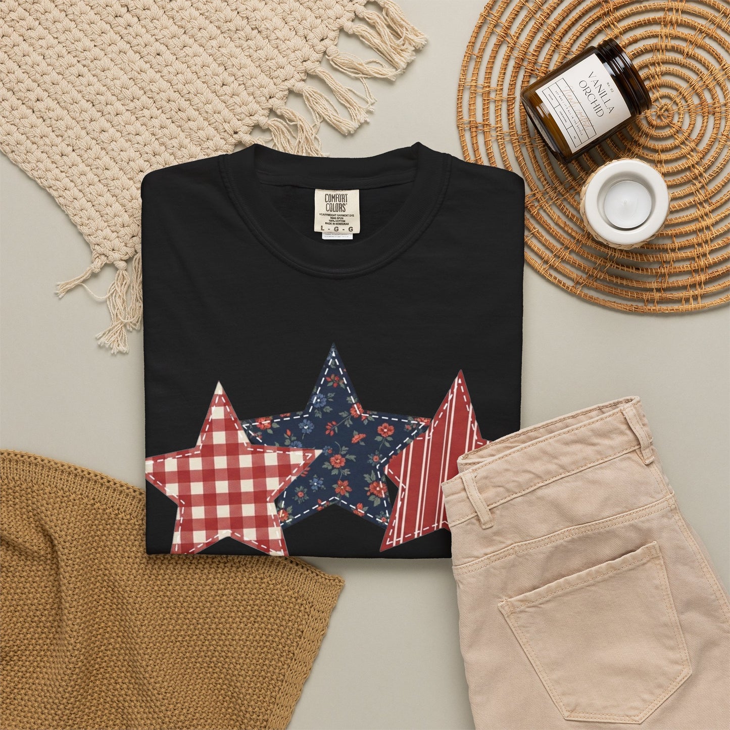 4th of July Patchwork Star T-Shirt for Summer nights • Floral Gingham Red White Blue USA Tee • Patriotic Outfit