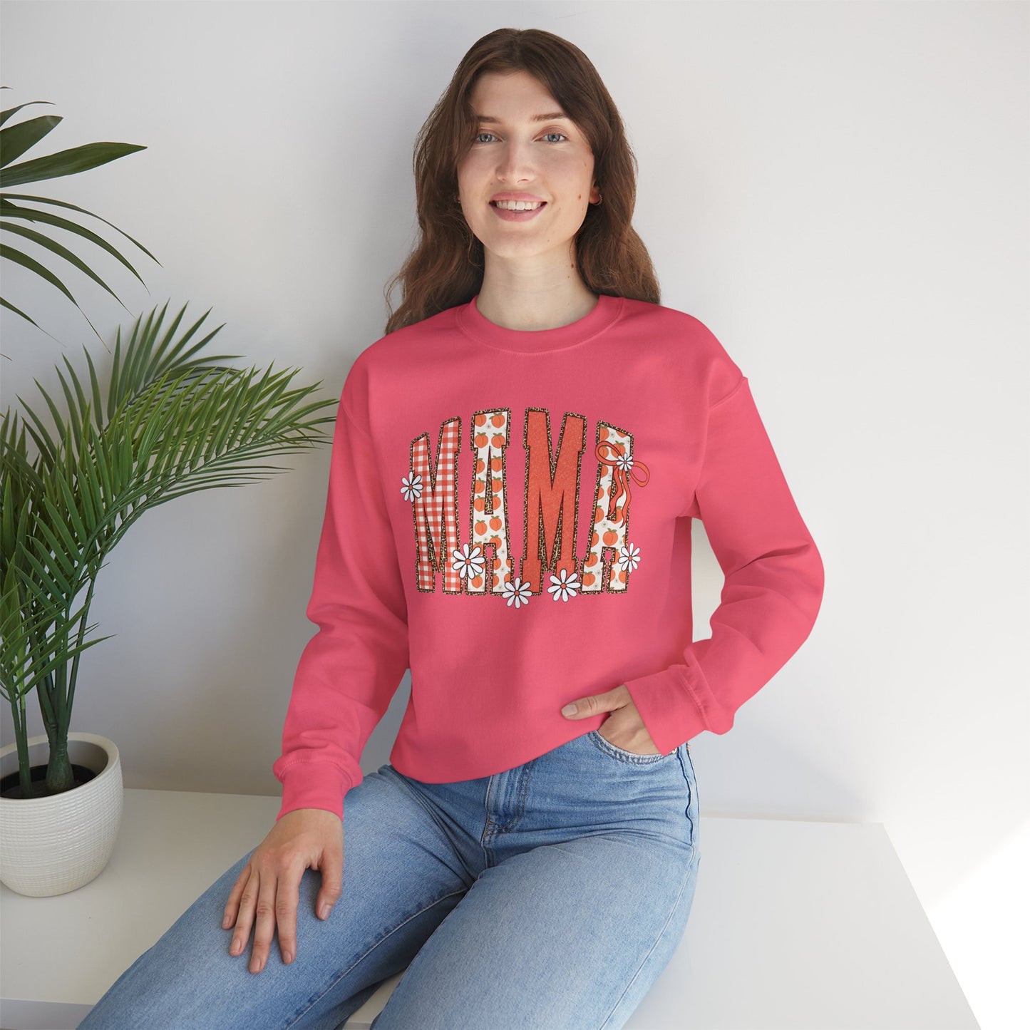 Daisy Peach MAMA Floral Sweatshirt • Spring Graphic Crew • Peach Gingham Mom pullover • Feminine Boutique Everyday Outfit