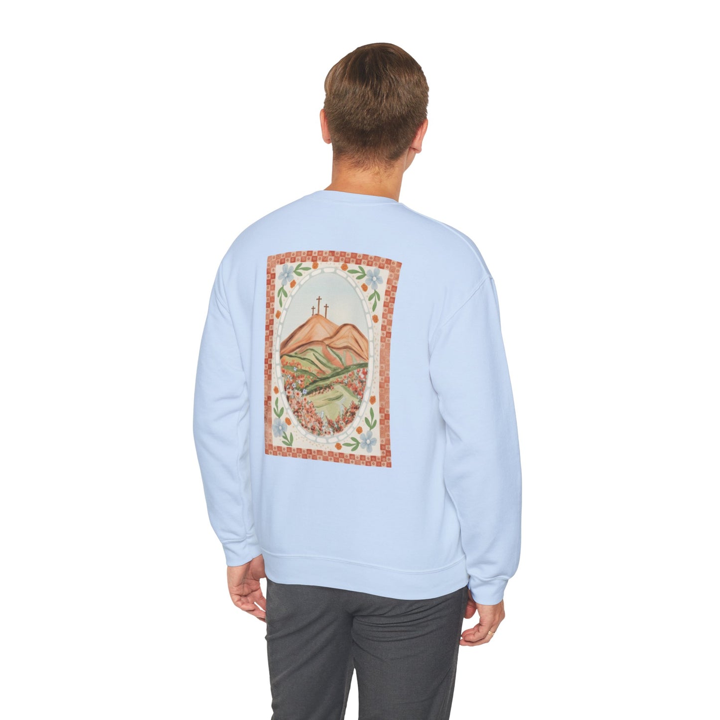 Easter Landscape Faith Sweatshirt (Front & Back) • Christian Mountain Cross Crewneck • Floral Resurrection Scene Graphic