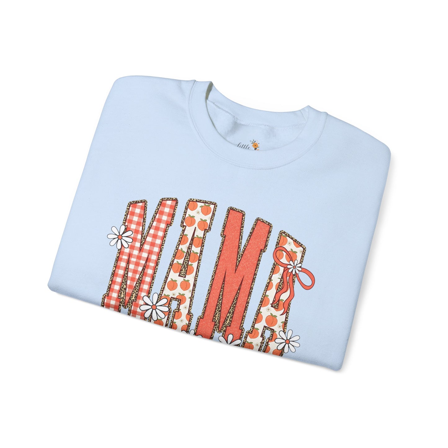 Daisy Peach MAMA Floral Sweatshirt • Spring Graphic Crew • Peach Gingham Mom pullover • Feminine Boutique Everyday Outfit