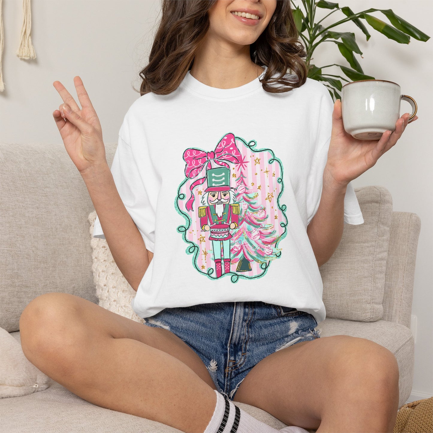 Nutcracker Christmas T-Shirt — Cute Pink Nutcracker with Ribbon Holiday Tee