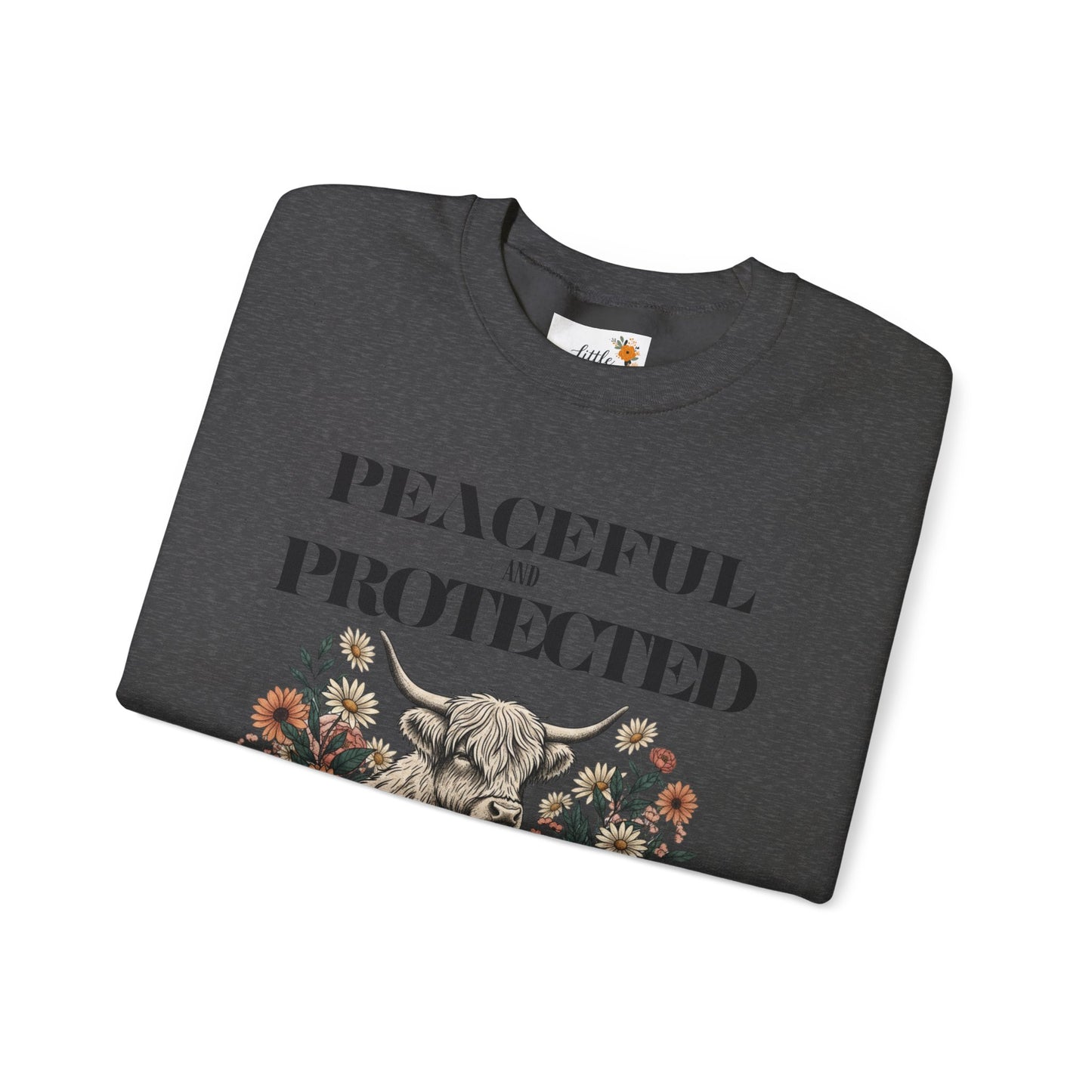 Peaceful and Protected Highland Cow Floral Sweatshirt • Psalm 4:8 Christian Crewneck • Western Cow Faith Graphic