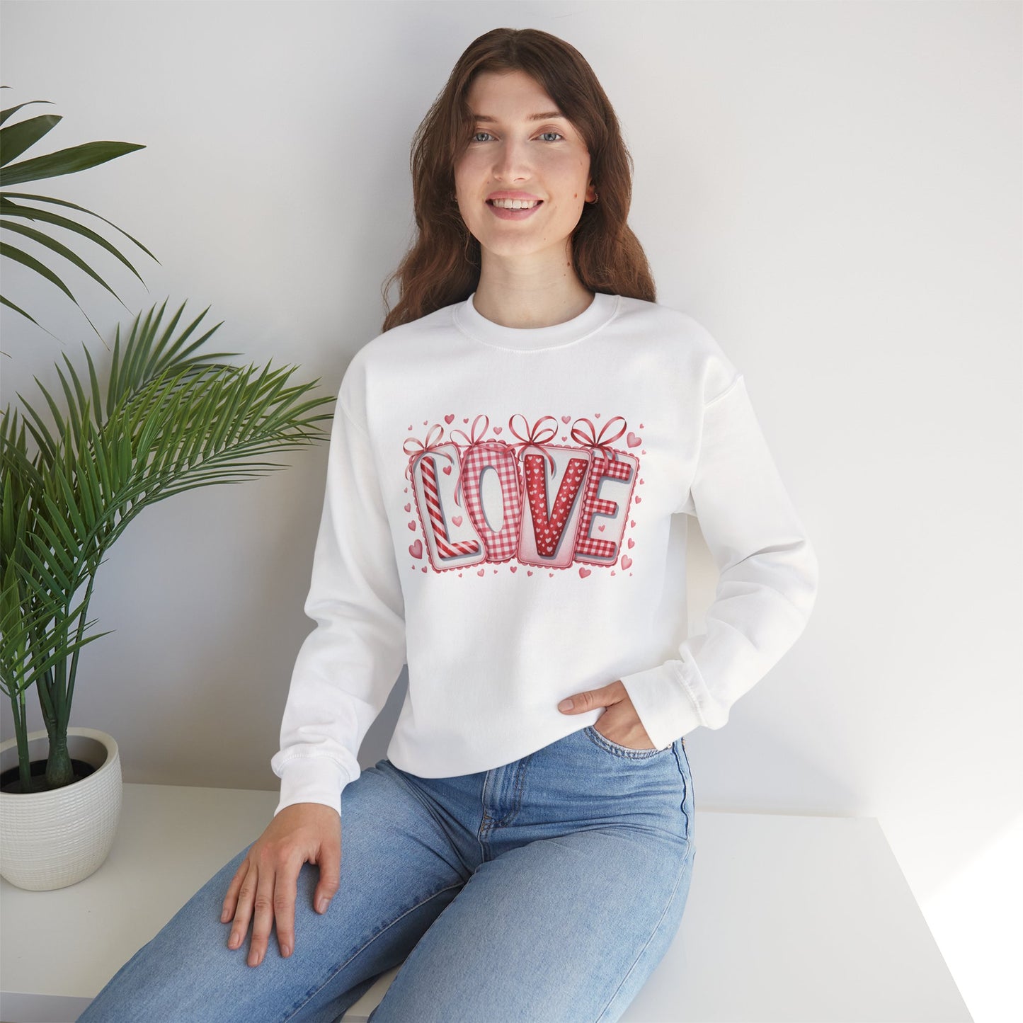 Valentine LOVE Sweatshirt with Coquette Bows and Patchwork Letters • Girly Romantic Aesthetic
