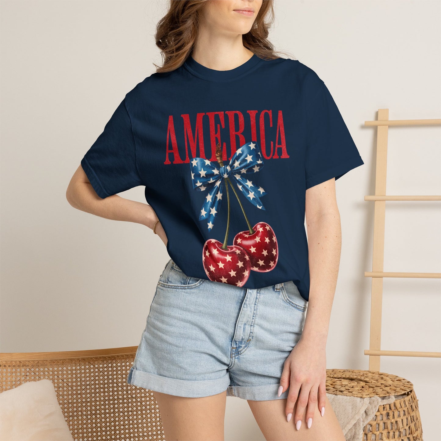 America Cherry Bow T-Shirt • 4th of July Coquette Tee • Red White Blue Graphic Shirt