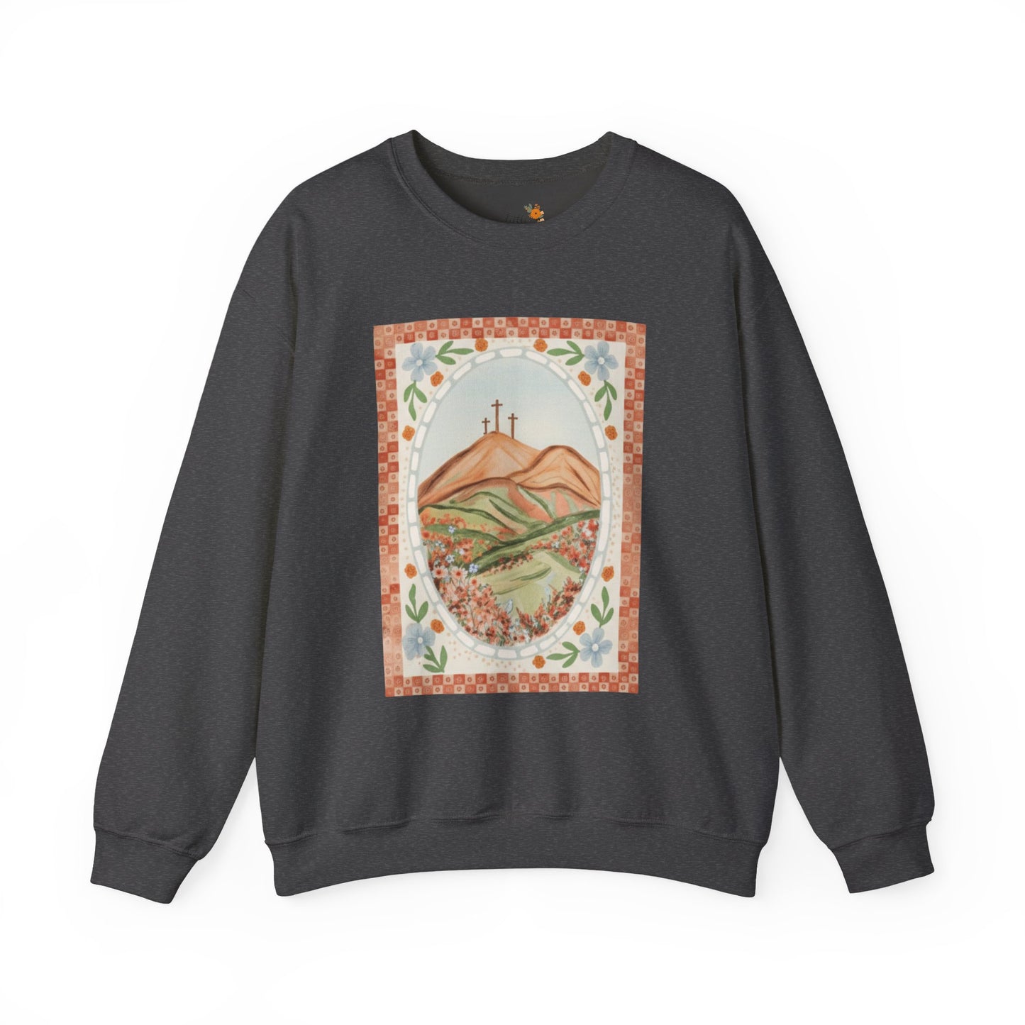 Easter Landscape Faith Sweatshirt (Front Only) • Christian Mountain Cross Crewneck • Floral Resurrection Scene Graphic