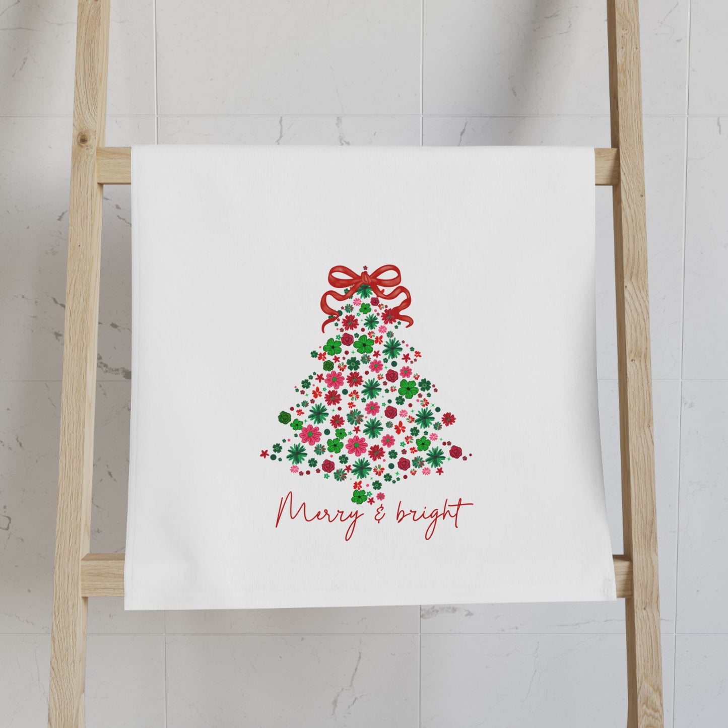 Merry & Bright Floral Christmas Tree Hand Towel | 28x16 Holiday Kitchen Towel | Festive Home Decor & Gift