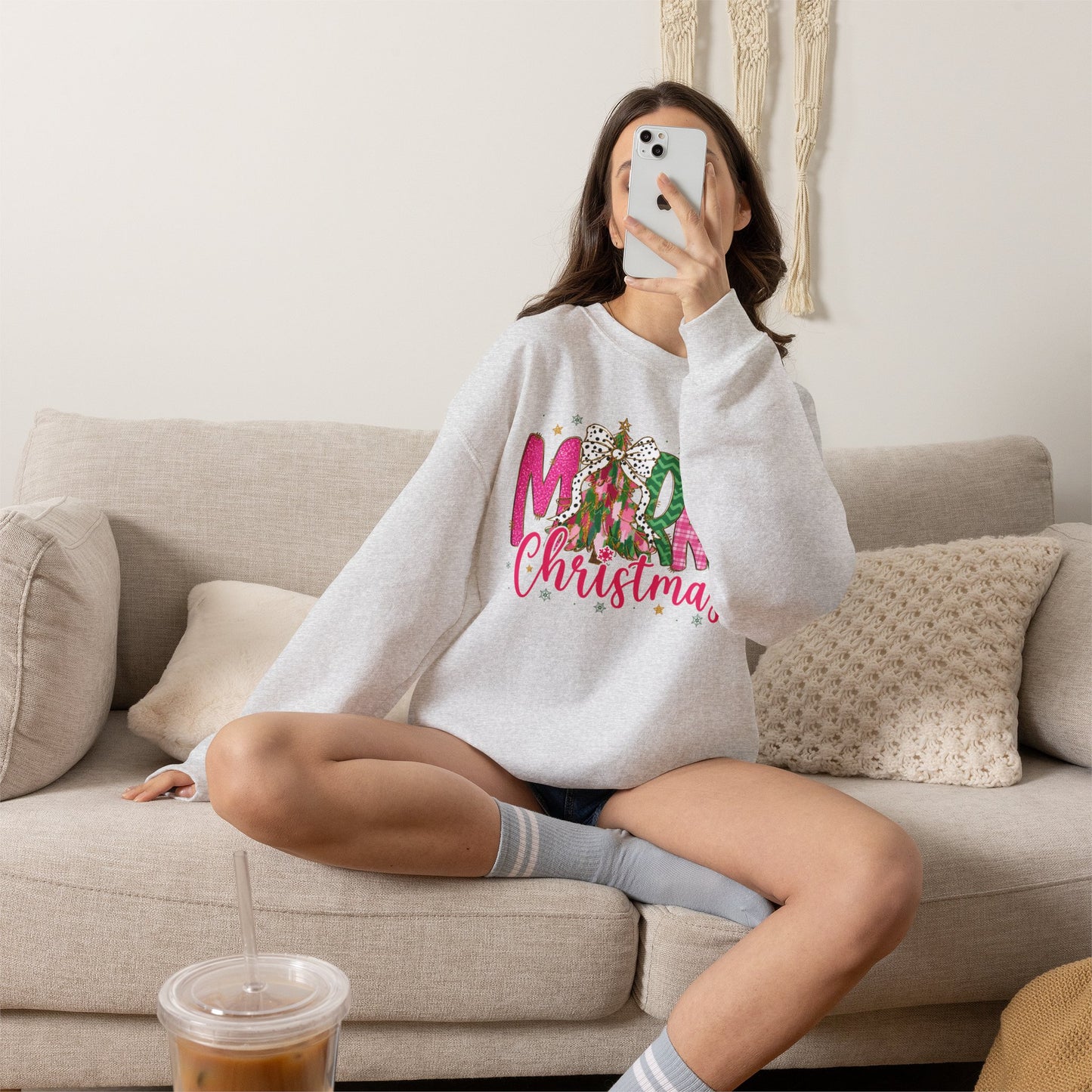 Christmas Crewneck Sweatshirt — 'Merry Christmas' Pink & Green Tree Design