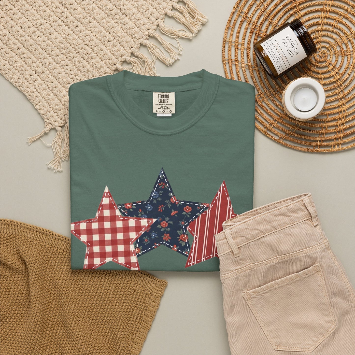4th of July Patchwork Star T-Shirt for Summer nights • Floral Gingham Red White Blue USA Tee • Patriotic Outfit