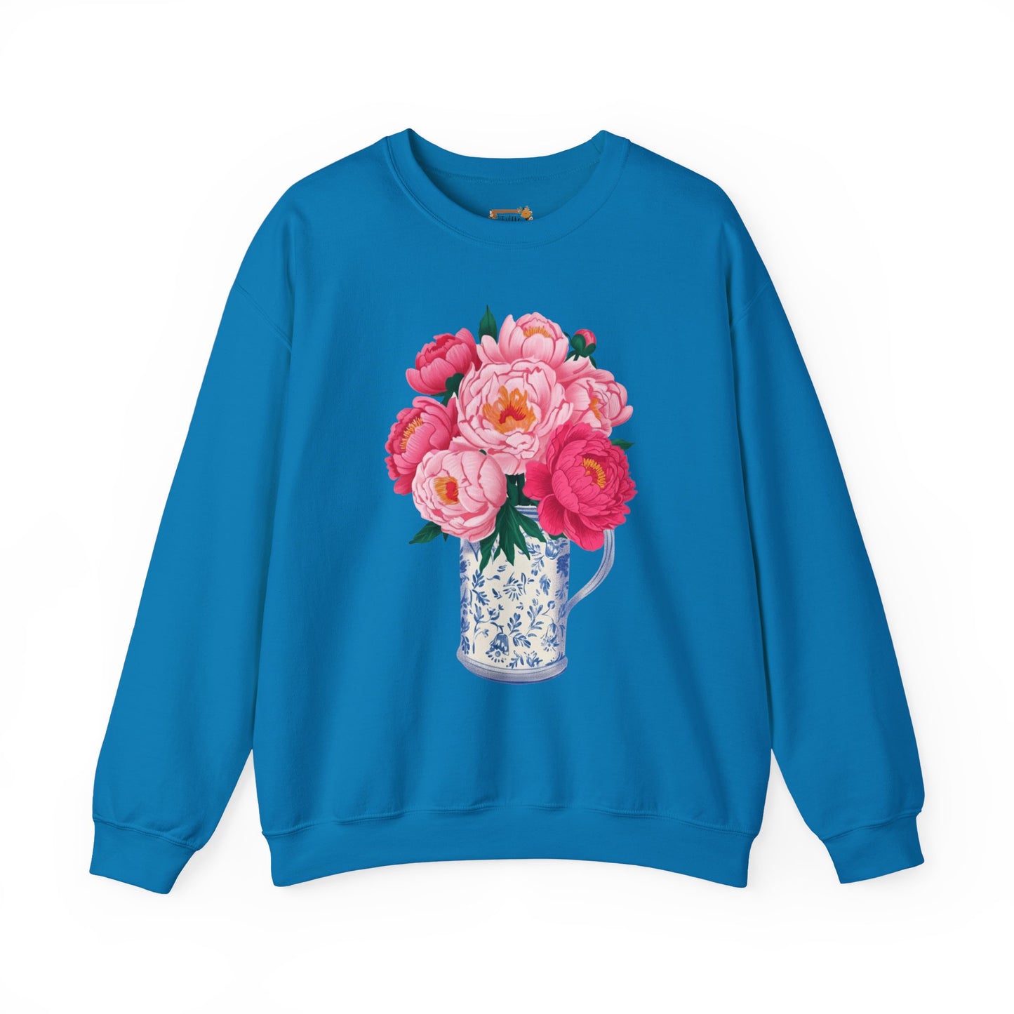 Pink Peonies in Blue Vintage Vase Floral Sweatshirt • Cottagecore Garden Bouquet Crewneck • Botanical Apparel
