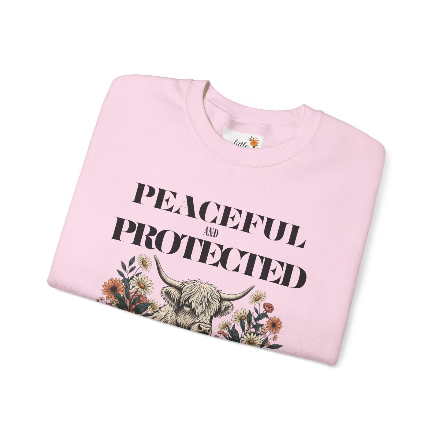 Peaceful and Protected Highland Cow Floral Sweatshirt • Psalm 4:8 Christian Crewneck • Western Cow Faith Graphic