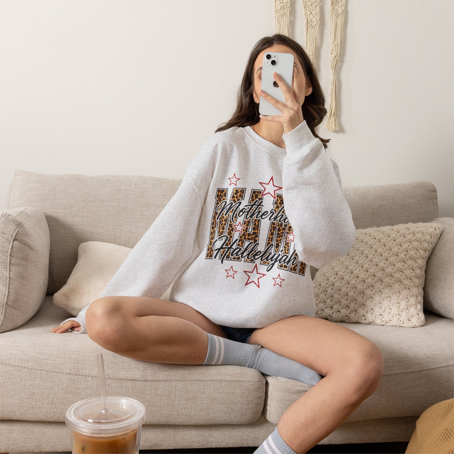Motherhood Hallelujah Crewneck Sweatshirt — Leopard Flag Graphic