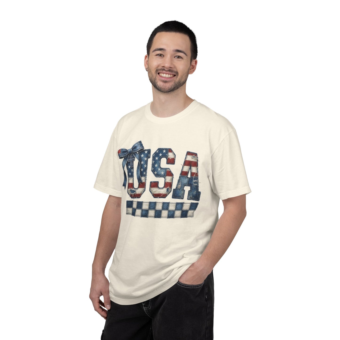 USA Patchwork Denim T-Shirt • Red White Blue Coquette Bow Tee • Americana Graphic Shirt