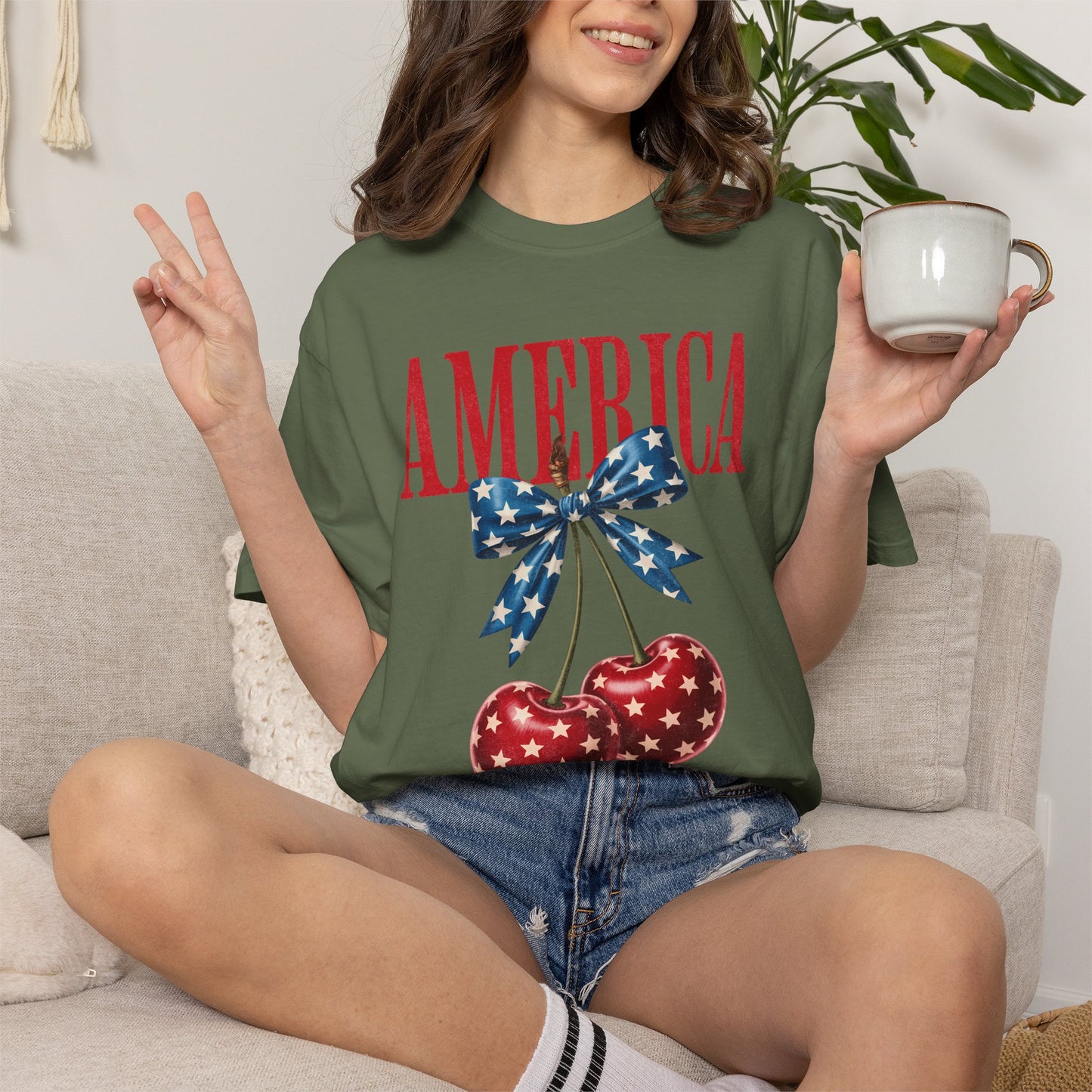 America Cherry Bow T-Shirt • 4th of July Coquette Tee • Red White Blue Graphic Shirt