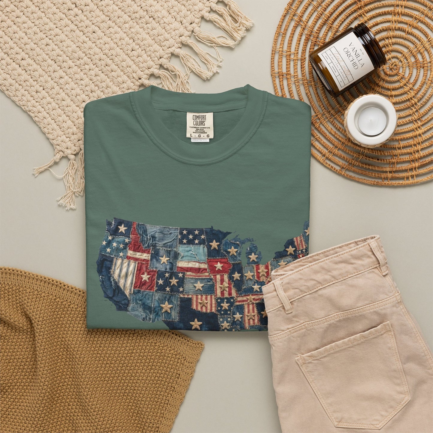 Denim American Flag T-Shirt • USA Patchwork Map Tee • Patriotic Vintage Stars Graphic Shirt