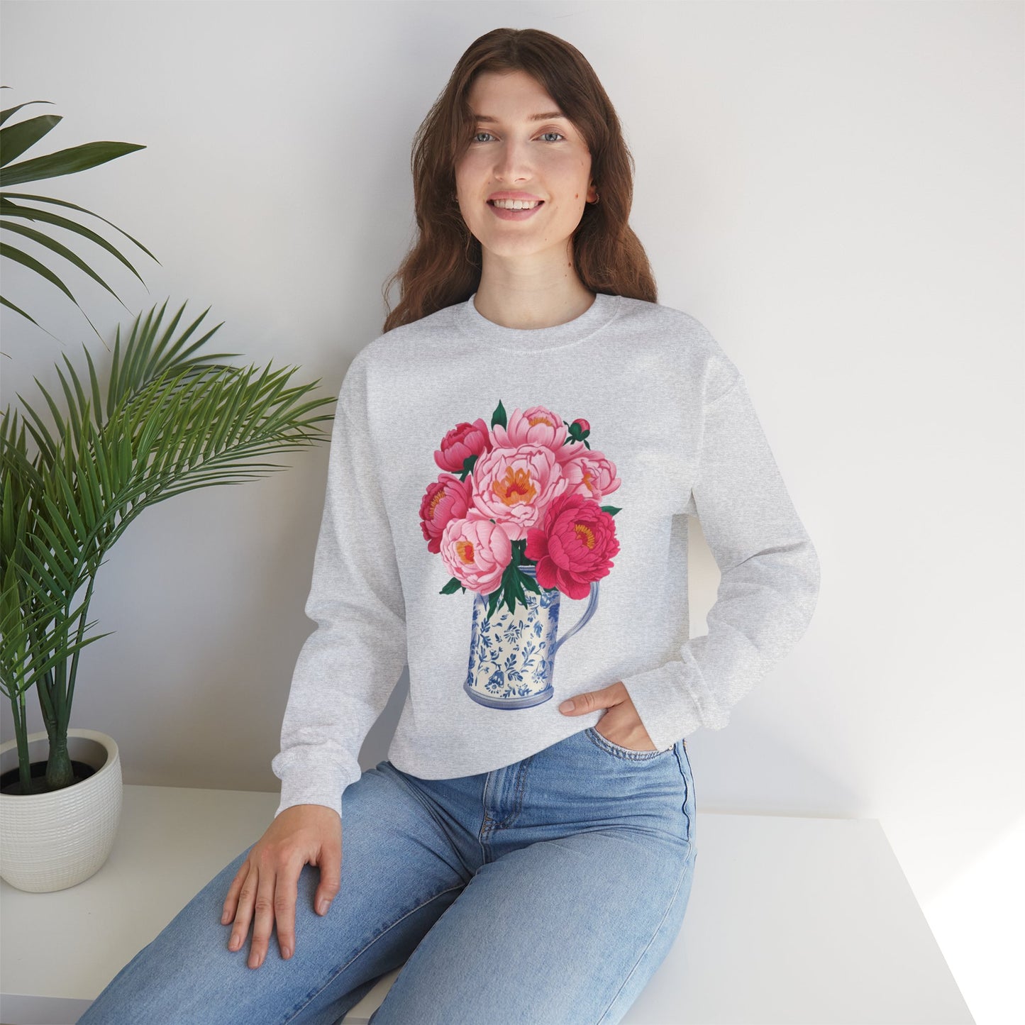Pink Peonies in Blue Vintage Vase Floral Sweatshirt • Cottagecore Garden Bouquet Crewneck • Botanical Apparel