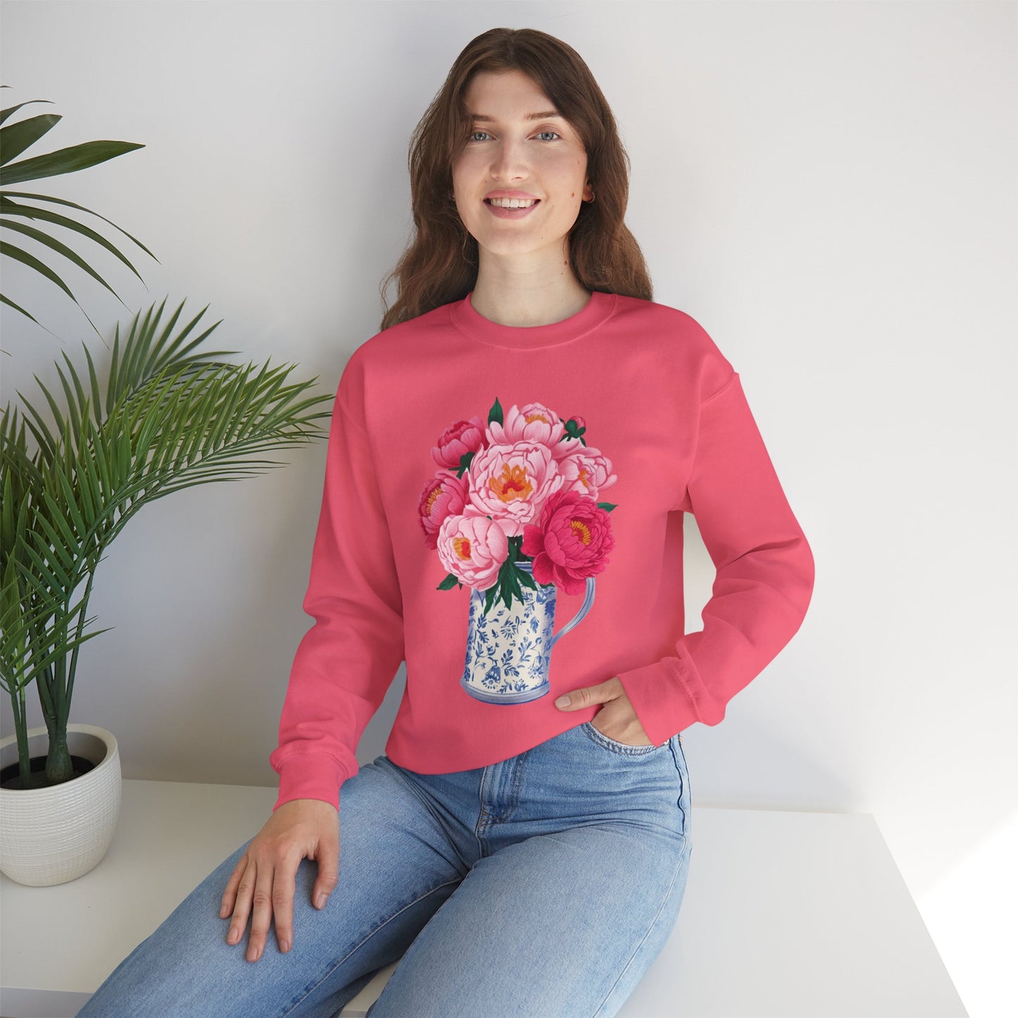 Pink Peonies in Blue Vintage Vase Floral Sweatshirt • Cottagecore Garden Bouquet Crewneck • Botanical Apparel