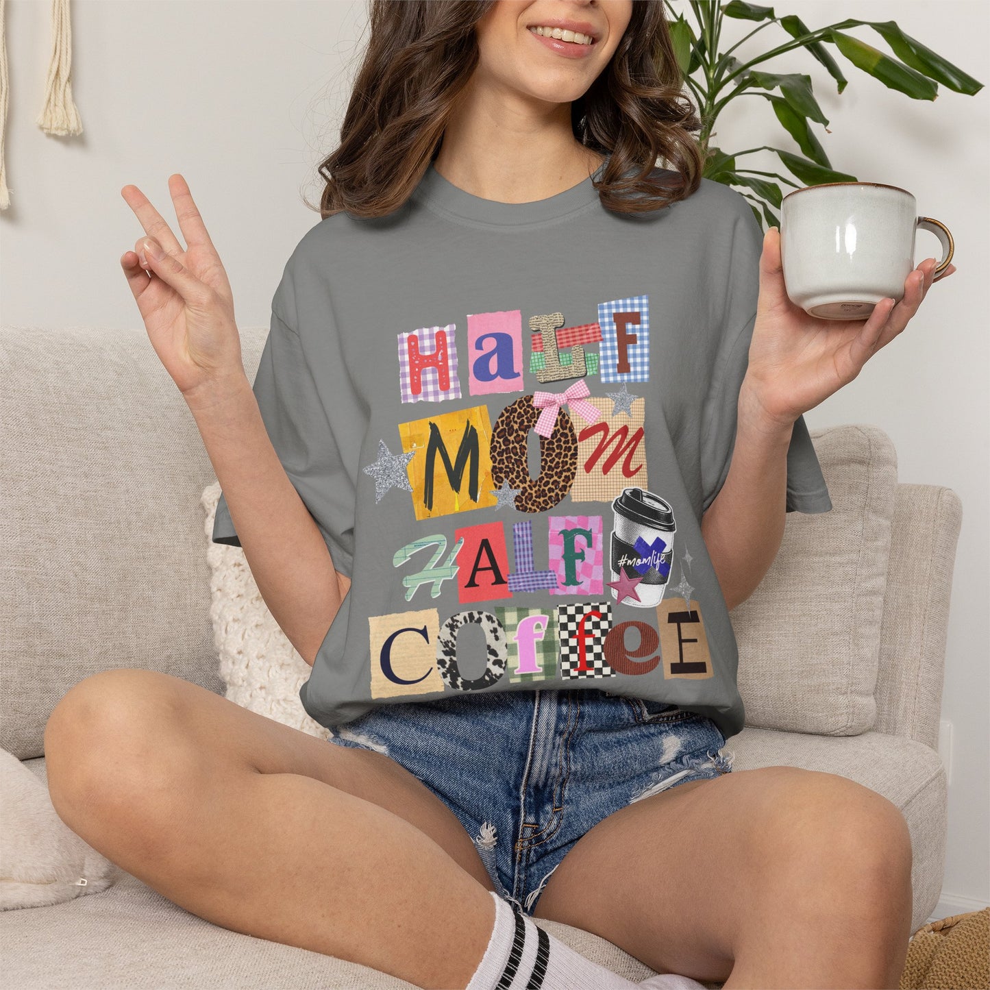 Half Mom Half Coffee Graphic Tee • Funny Mom Shirt Women • Trendy Patchwork Mixed Print Leopard Gingham Tee • Mom Life Shirt