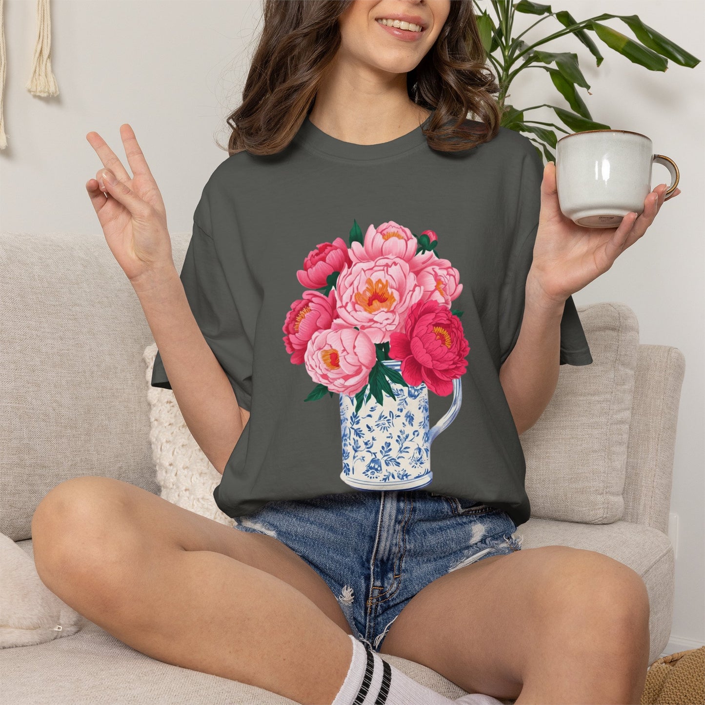 Peony Bouquet T-Shirt — Pink Peony in Vintage White & Blue Floral Vase