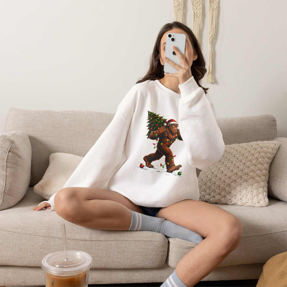 Sweatshirt — Holiday Sasquatch Carrying Christmas Tree Graphic Crewneck