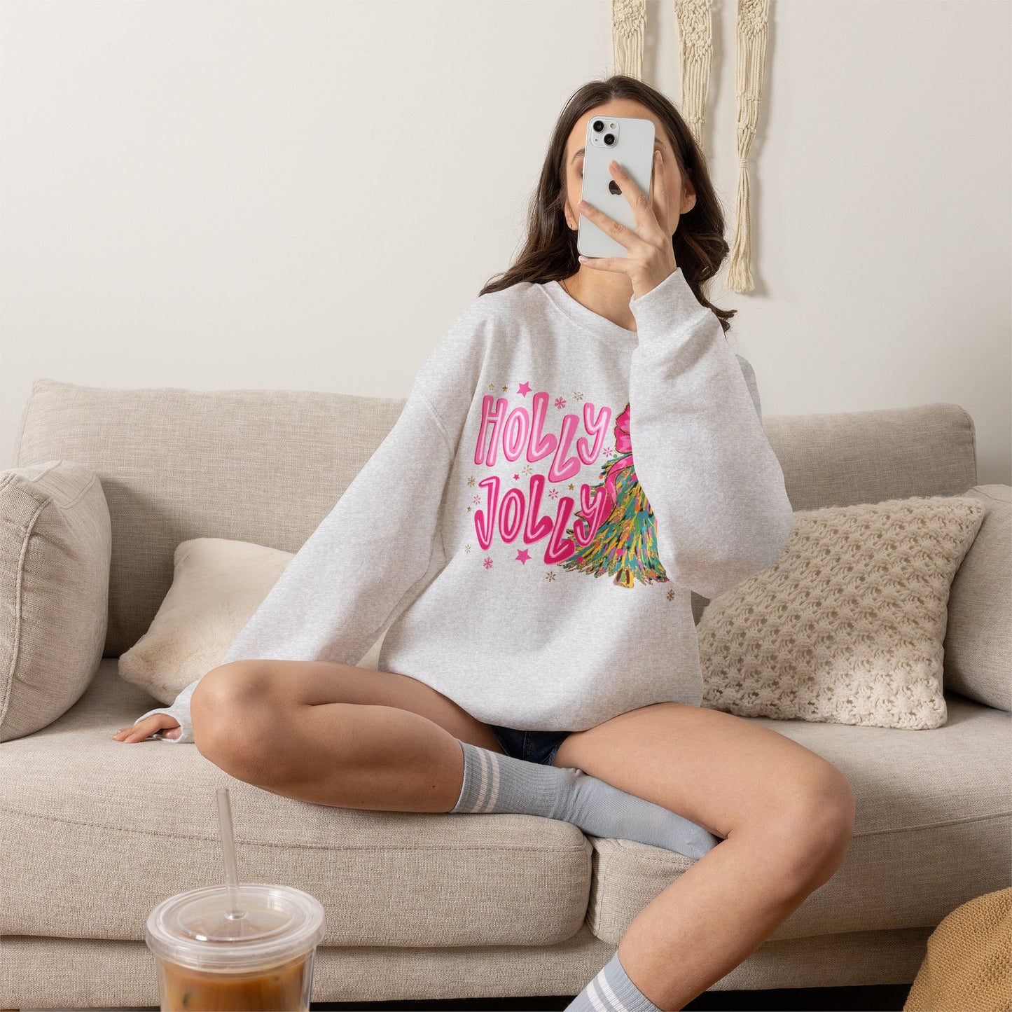 Holly Jolly Pink Christmas Tree Crewneck Sweatshirt