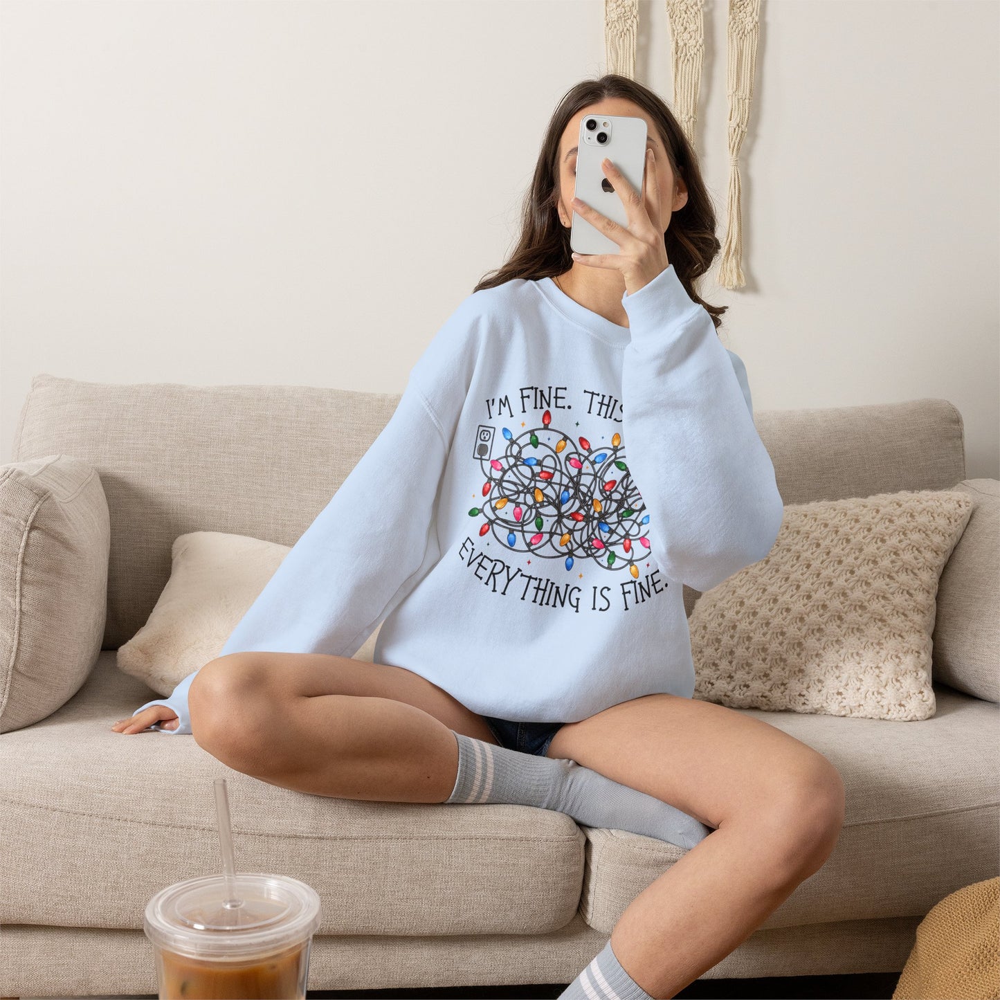 Crewneck Sweatshirt — "I'm Fine. This is Fine. Everything is Fine." Holiday Lights Design