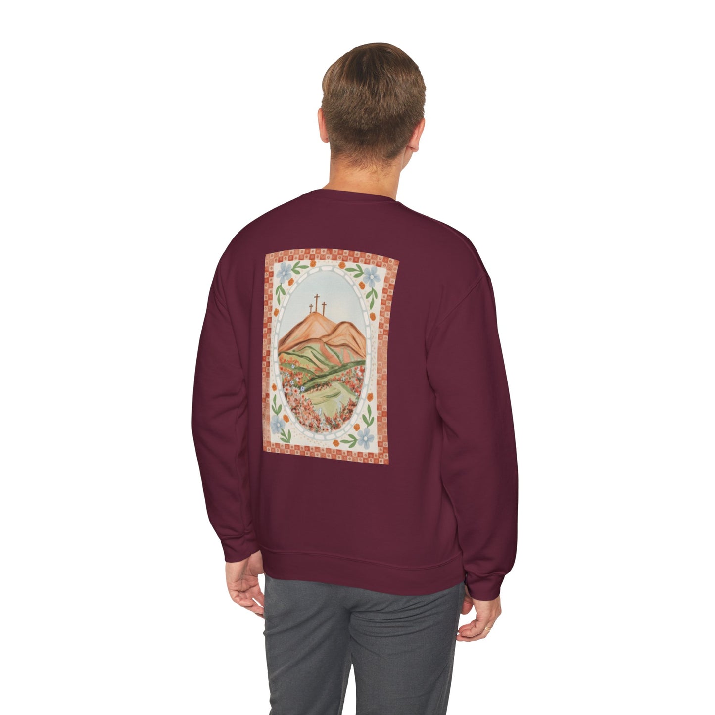 Easter Landscape Faith Sweatshirt (Front & Back) • Christian Mountain Cross Crewneck • Floral Resurrection Scene Graphic