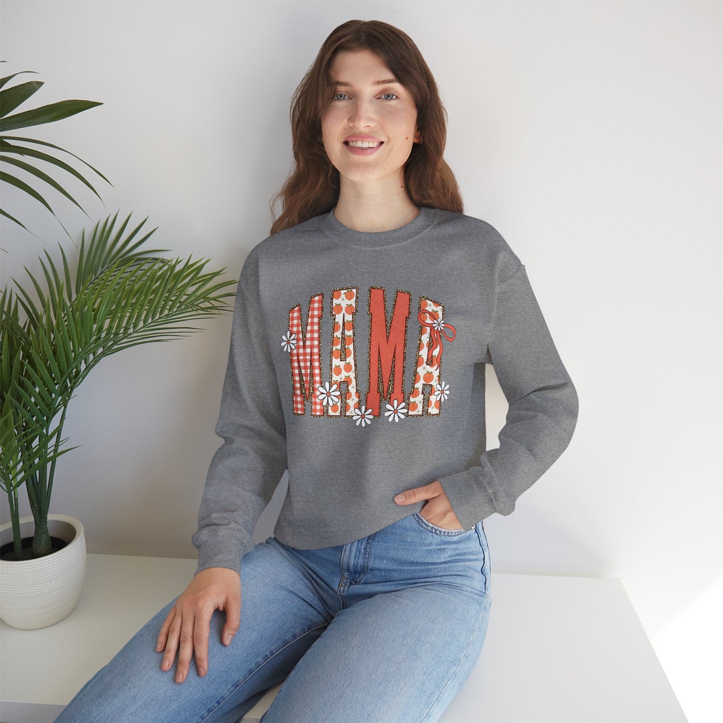 Daisy Peach MAMA Floral Sweatshirt • Spring Graphic Crew • Peach Gingham Mom pullover • Feminine Boutique Everyday Outfit