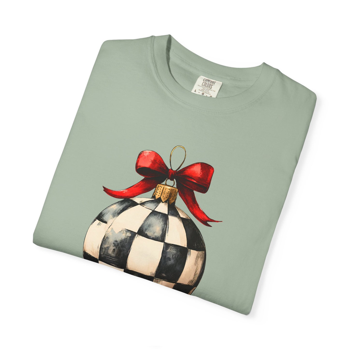 Checkerboard Ornament T-Shirt — Holiday Ball with Red Bow