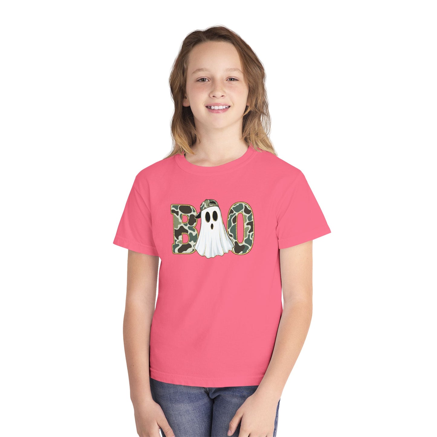 BOO Ghost Youth Tee — Camo Pattern Halloween Shirt for Kids