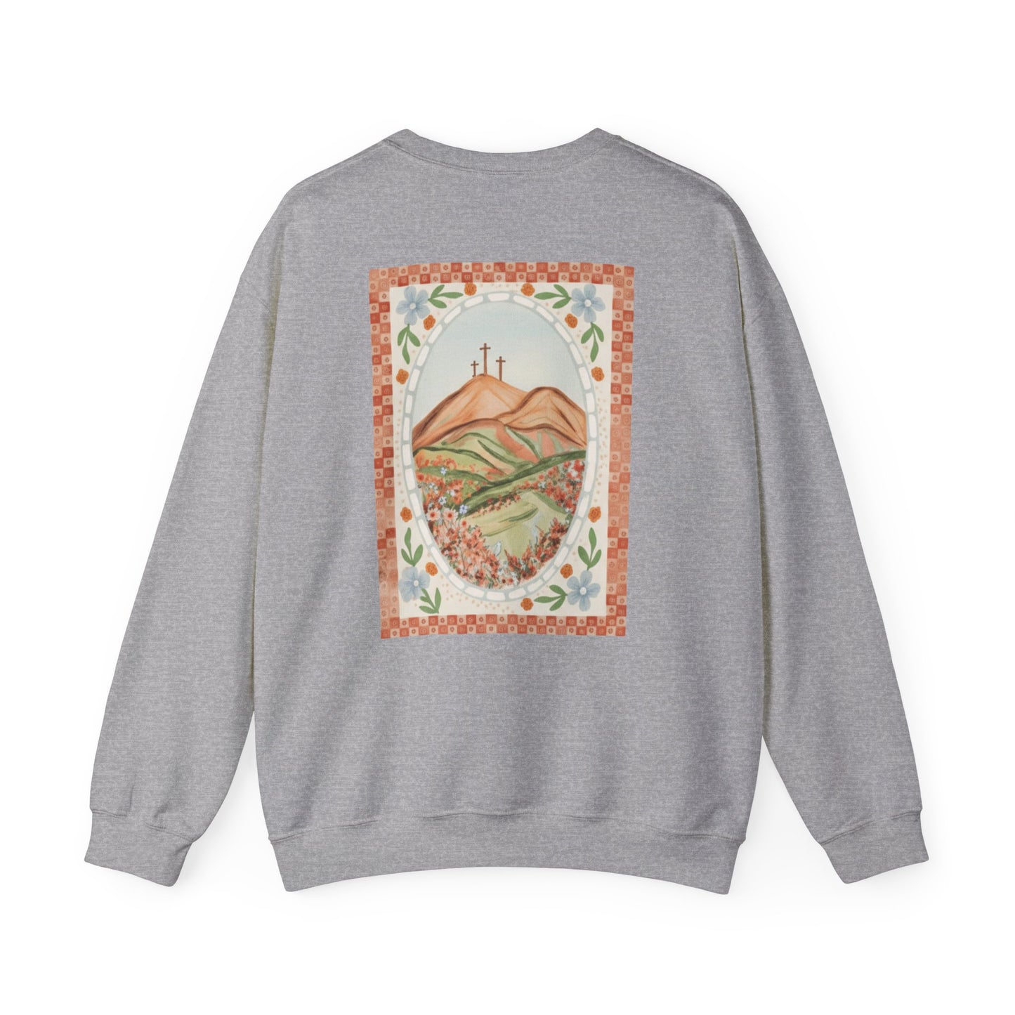Easter Landscape Faith Sweatshirt (Front & Back) • Christian Mountain Cross Crewneck • Floral Resurrection Scene Graphic