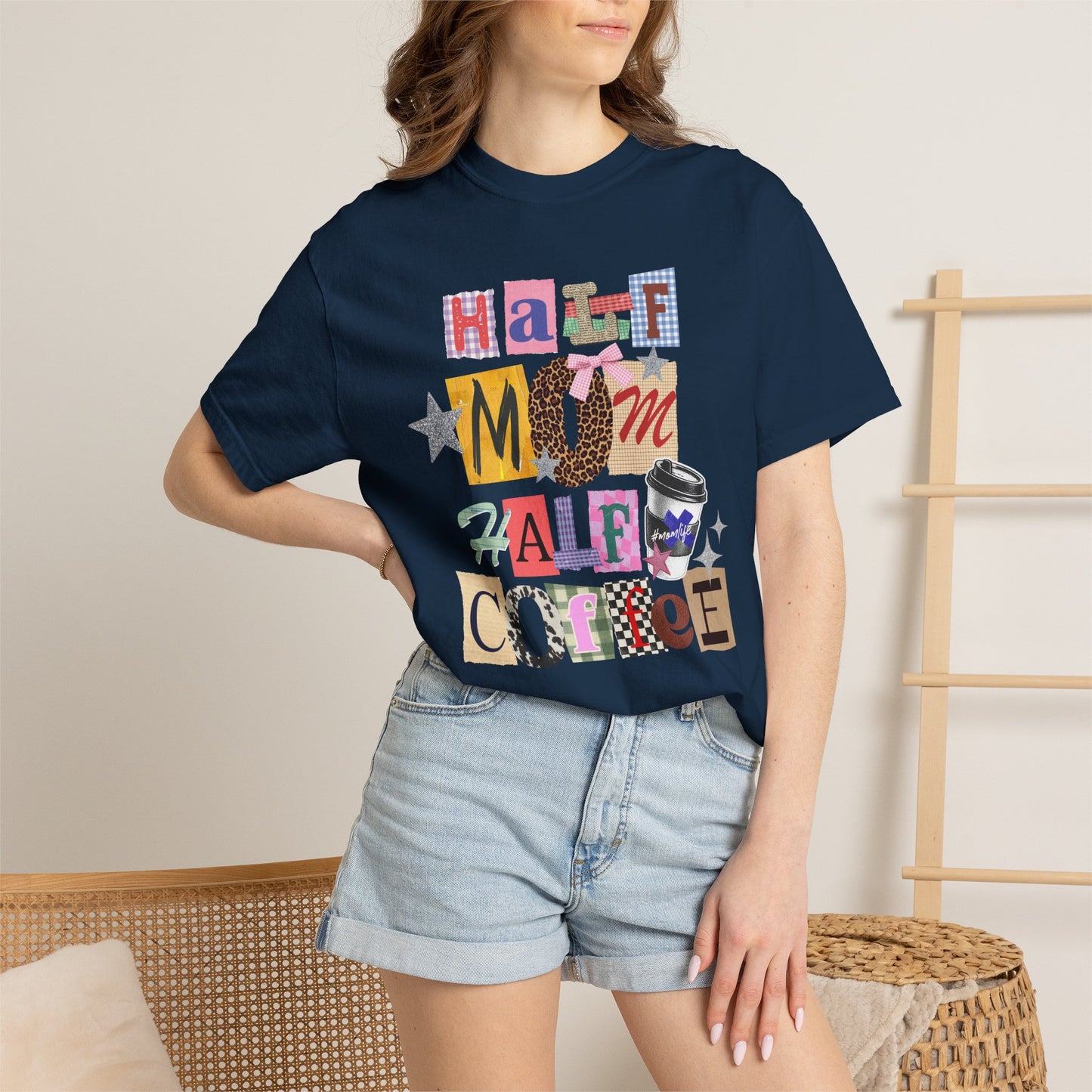 Half Mom Half Coffee Graphic Tee • Funny Mom Shirt Women • Trendy Patchwork Mixed Print Leopard Gingham Tee • Mom Life Shirt
