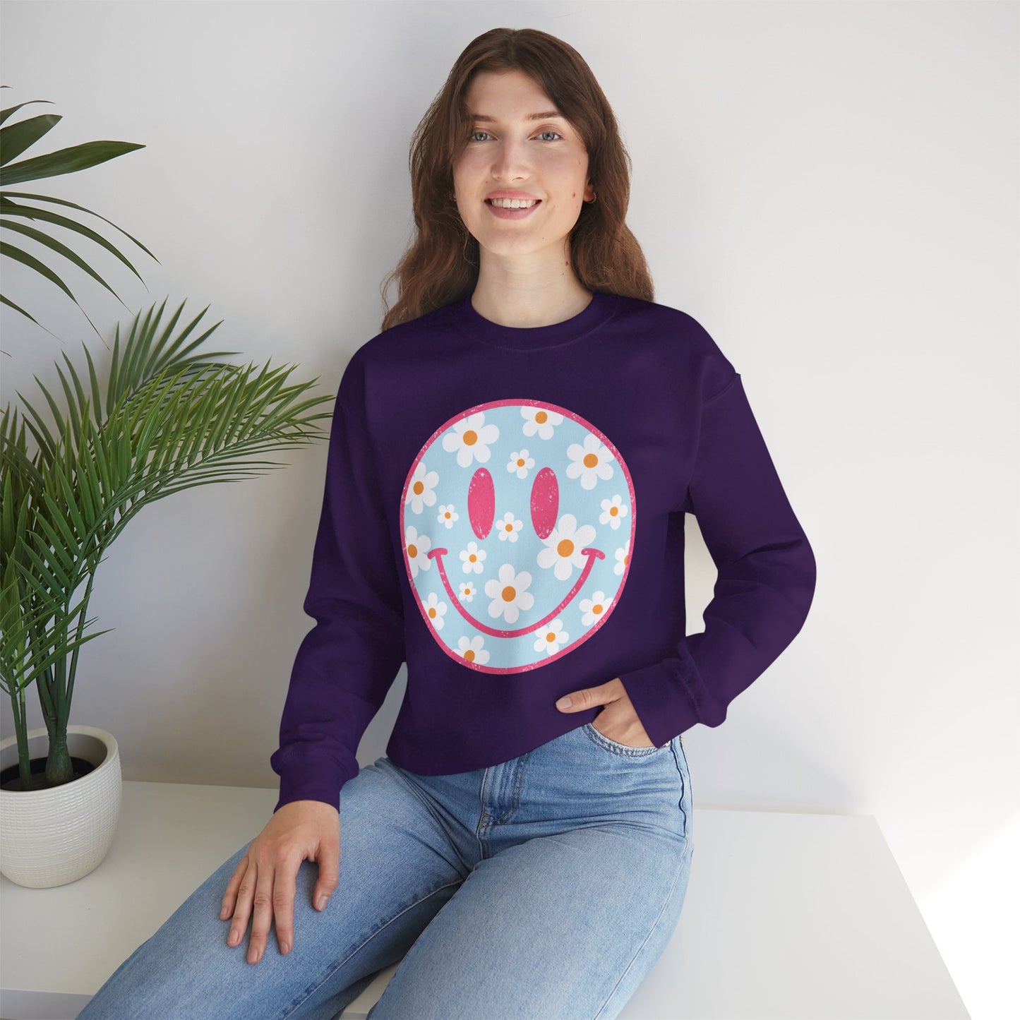 Retro Daisy Smile Sweatshirt • Floral Happy Face Crewneck • Cute Mama Cozy Sweatshirt