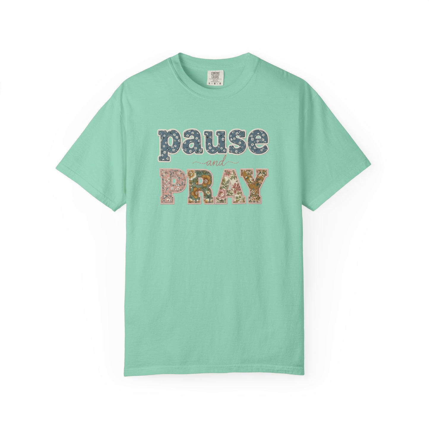 Pause and Pray Feux Patchwork Floral Scripture Tshirt • Vintage Cottagecore Christian Apparel for Women • Feminine Faith Aesthetic Tee