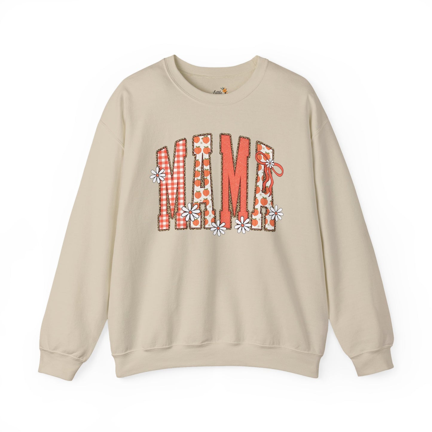 Daisy Peach MAMA Floral Sweatshirt • Spring Graphic Crew • Peach Gingham Mom pullover • Feminine Boutique Everyday Outfit