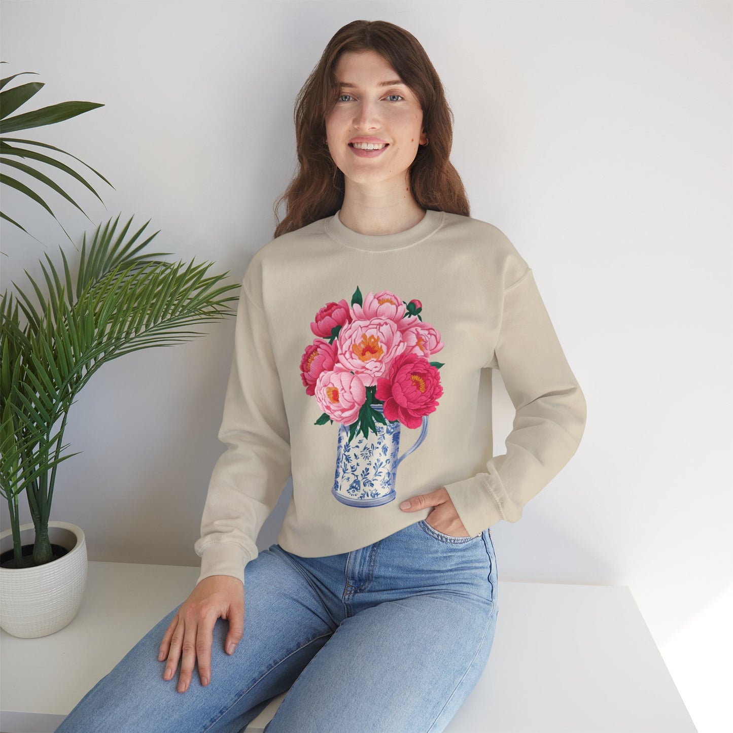 Pink Peonies in Blue Vintage Vase Floral Sweatshirt • Cottagecore Garden Bouquet Crewneck • Botanical Apparel