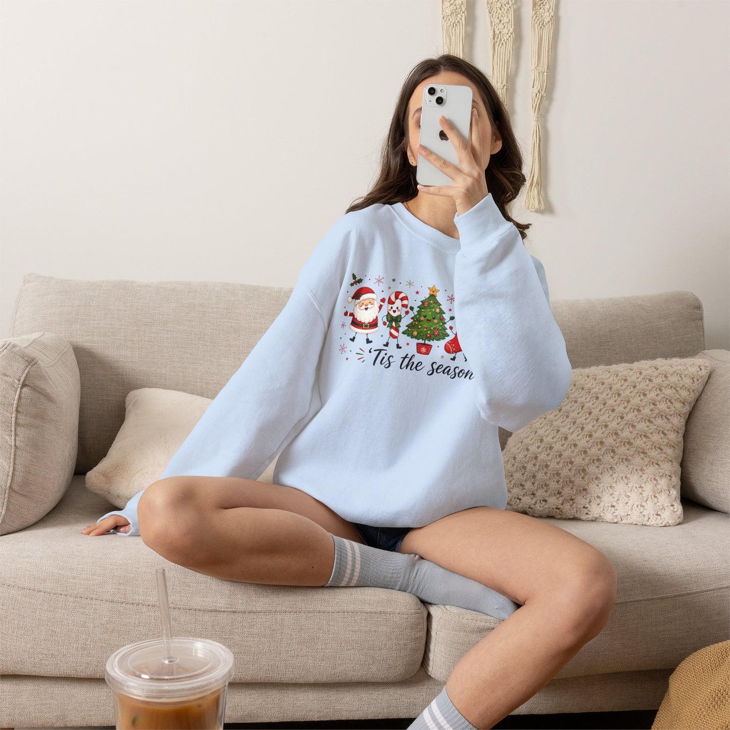 Christmas Crewneck Sweatshirt - 'Tis the Season' Holiday Sweatshirt with Santa & Tree Design