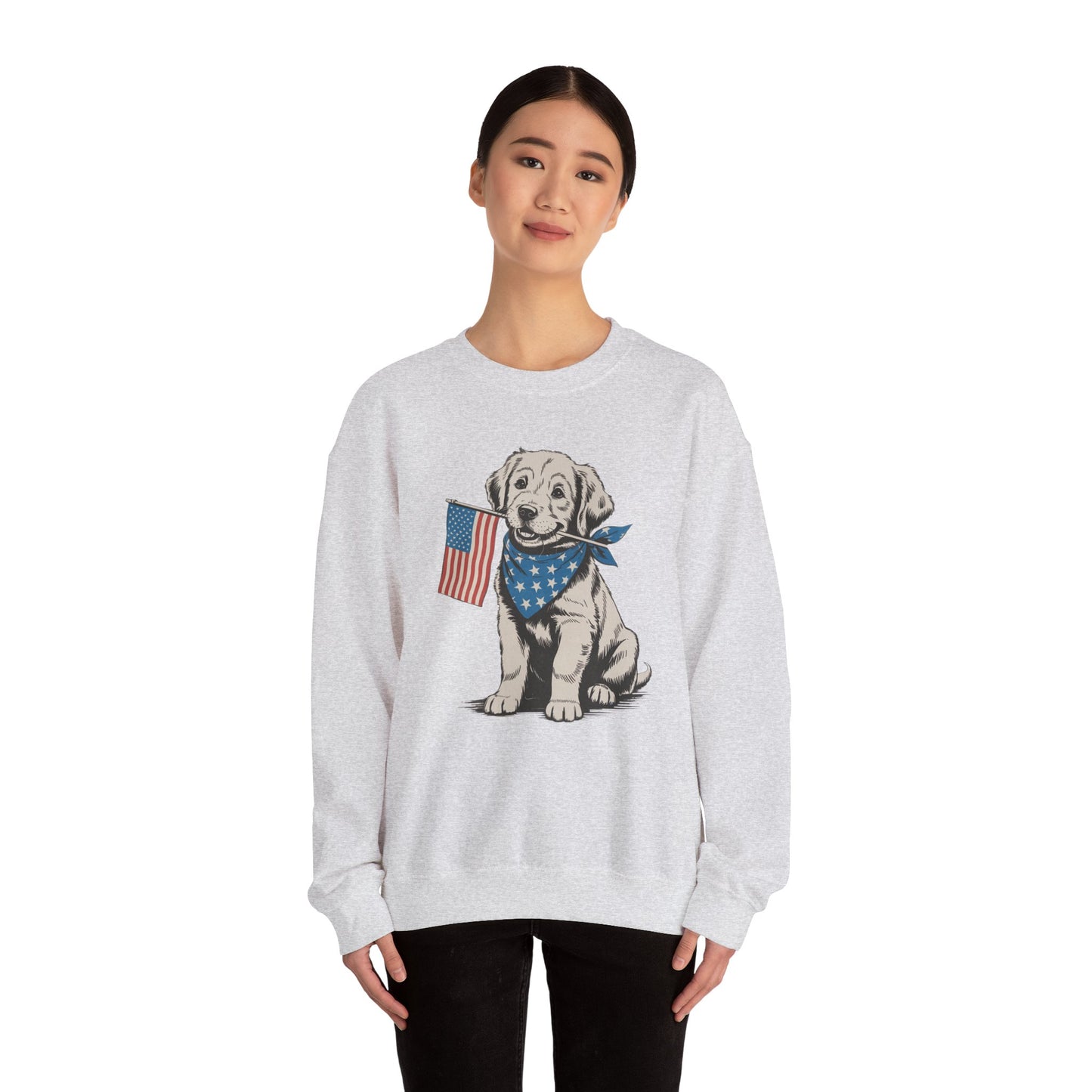 4th of July Patriotic Dog Puppy Crewneck • Americana Dog Lover Graphic sweatshirt • Red White Blue Flag