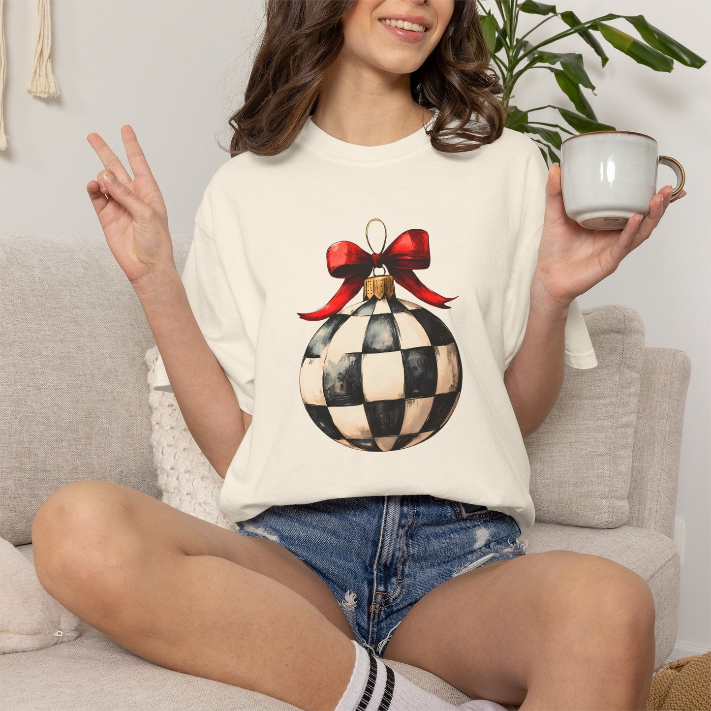 Checkerboard Ornament T-Shirt — Holiday Ball with Red Bow