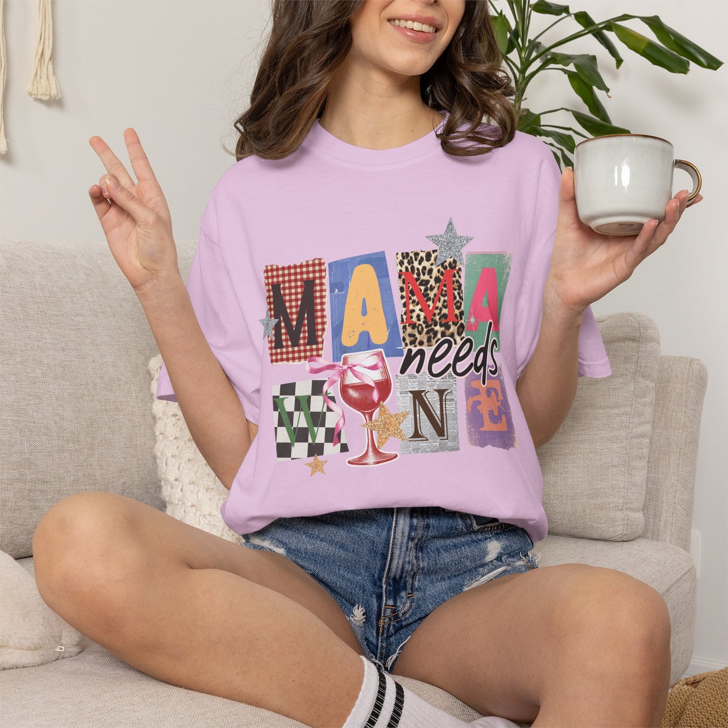Mama Needs Wine Graphic Tee • Funny Mom Shirt Women • Trendy Patchwork Mixed Print Leopard Gingham Tee • Mom Life Shirt