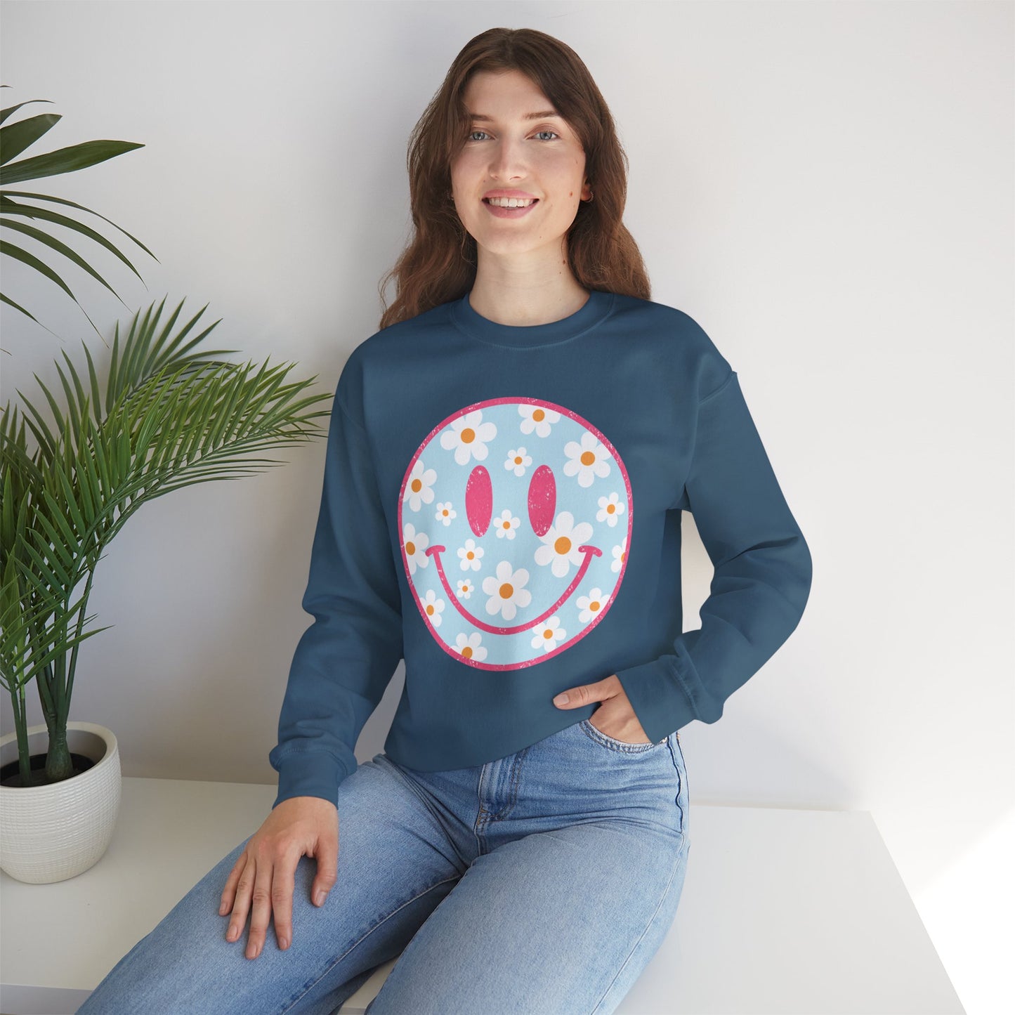 Retro Daisy Smile Sweatshirt • Floral Happy Face Crewneck • Cute Mama Cozy Sweatshirt