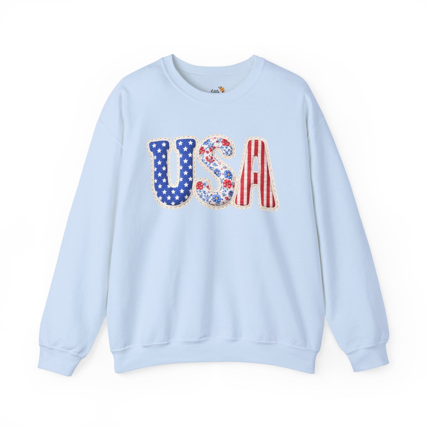 Floral Patchwork USA Crewneck • Preppy Patriotic Sweatshirt • Vintage Americana Gingham Sweatshirt • Cozy Summer Mom Outfit