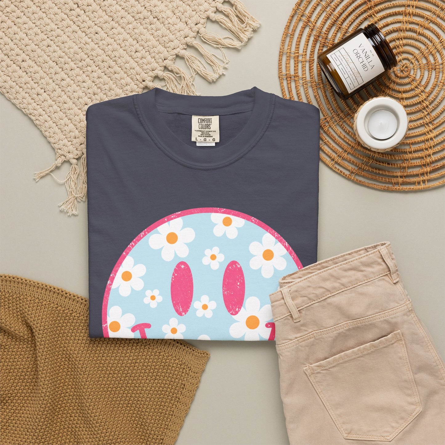 Pink Daisy Smiley Face Tee • Retro Floral Happy Face Shirt • Boutique Mama Graphic Tee