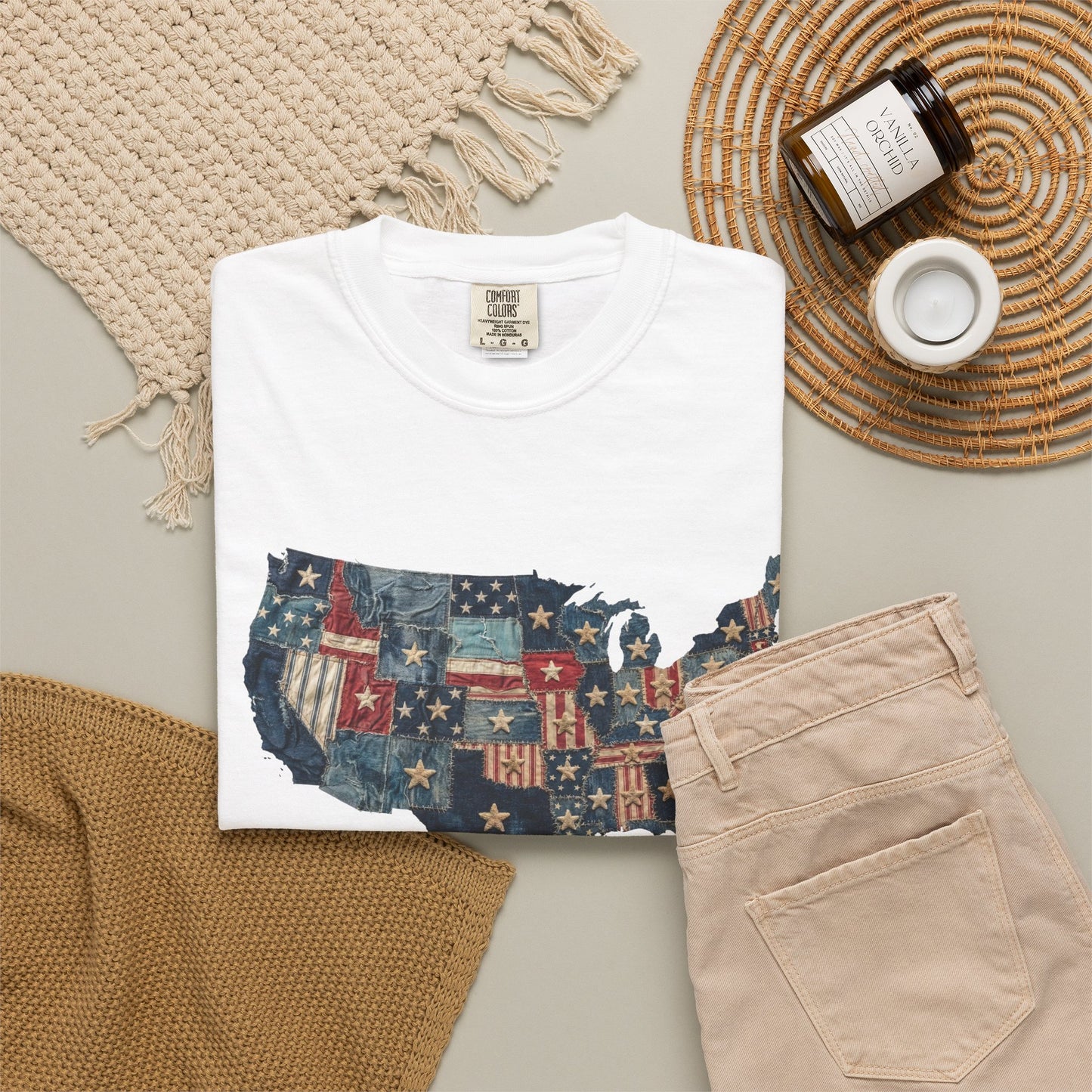Denim American Flag T-Shirt • USA Patchwork Map Tee • Patriotic Vintage Stars Graphic Shirt
