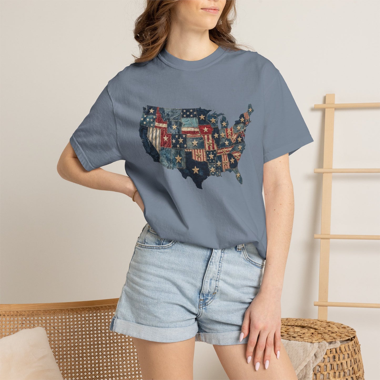 Denim American Flag T-Shirt • USA Patchwork Map Tee • Patriotic Vintage Stars Graphic Shirt