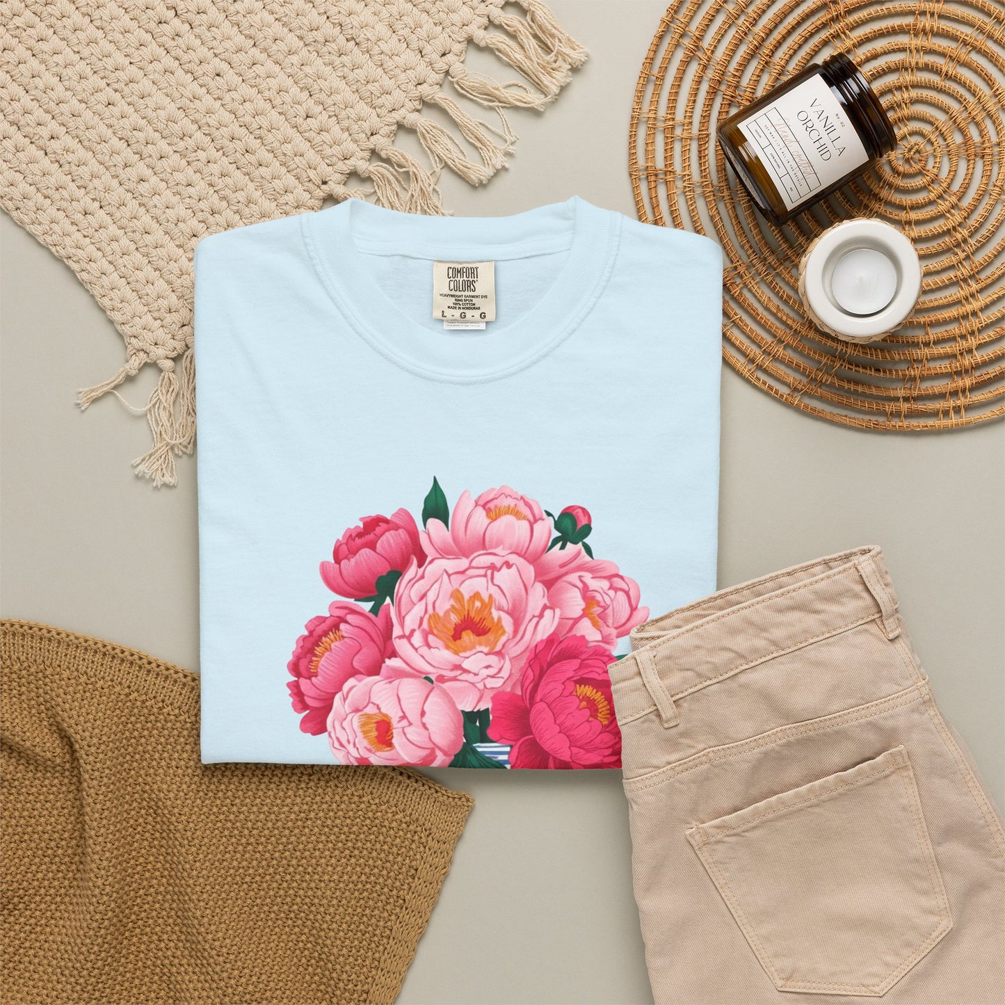 Peony Bouquet T-Shirt — Pink Peony in Vintage White & Blue Floral Vase