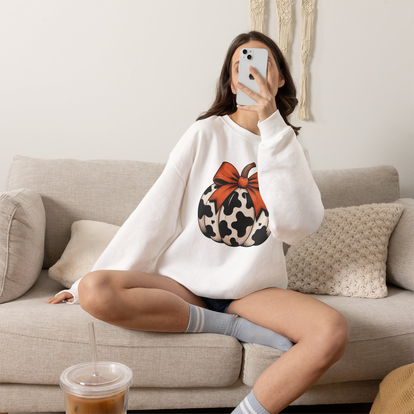 Cow print Pumpkin Sweatshirt — Halloween Fall Crewneck with Orange Bow