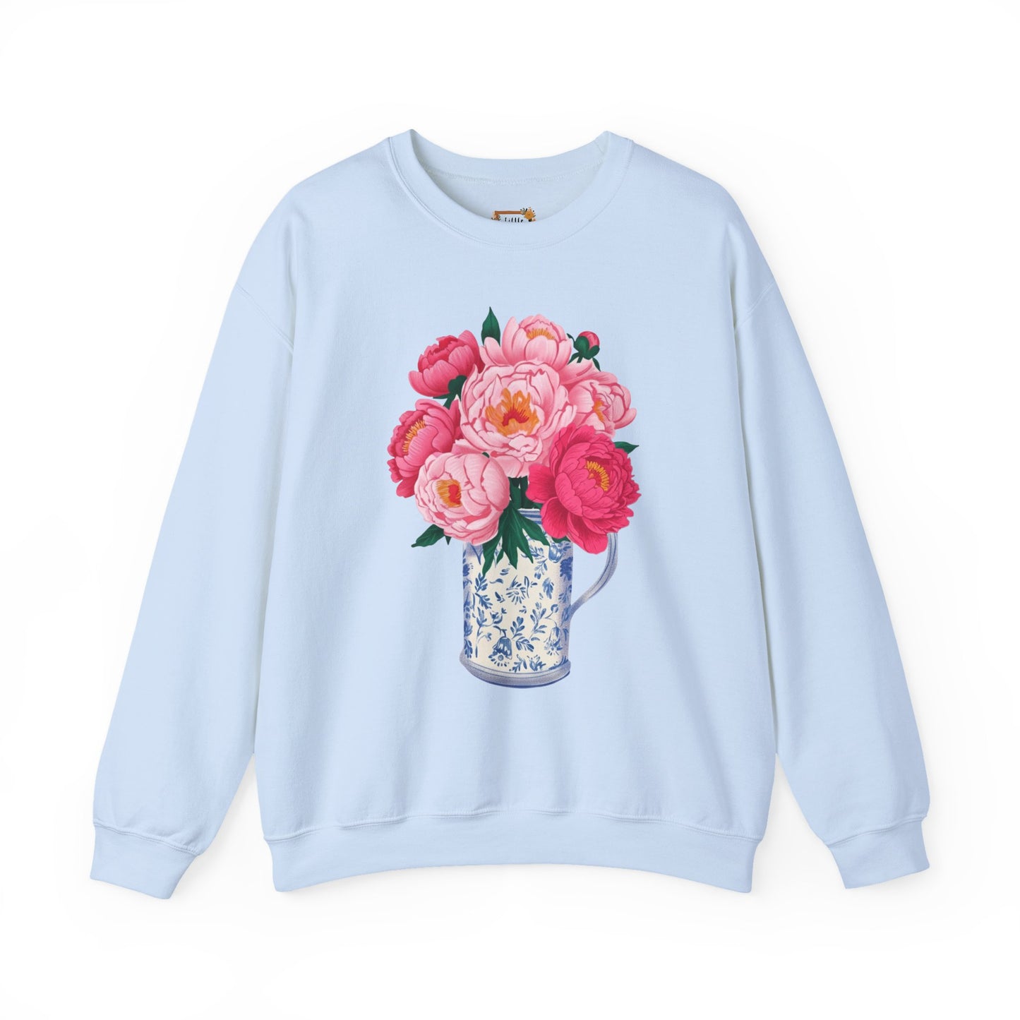 Pink Peonies in Blue Vintage Vase Floral Sweatshirt • Cottagecore Garden Bouquet Crewneck • Botanical Apparel