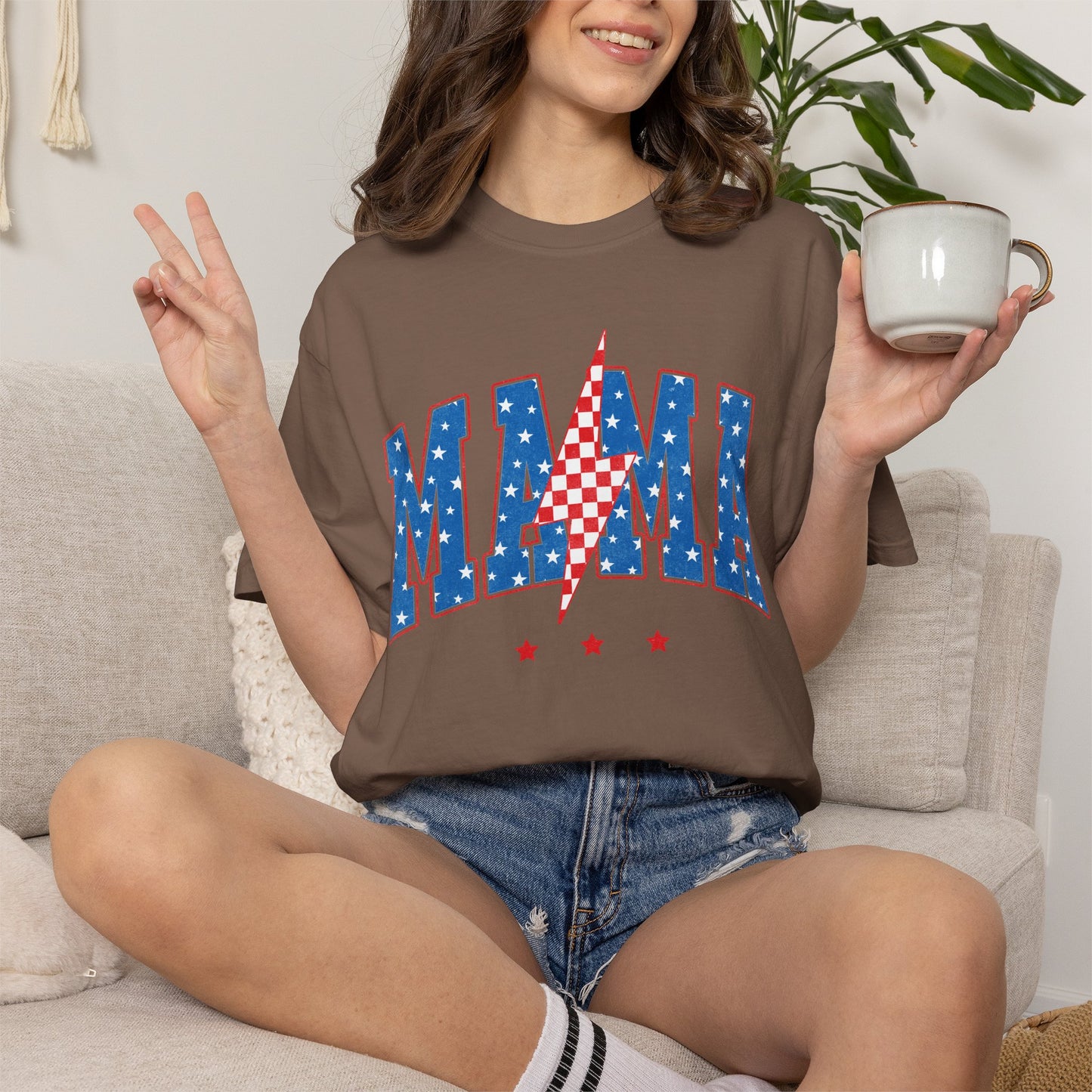 Patriotic MAMA Shirt • Lightning Bolt Mama Tee • Red White Blue Americana Graphic