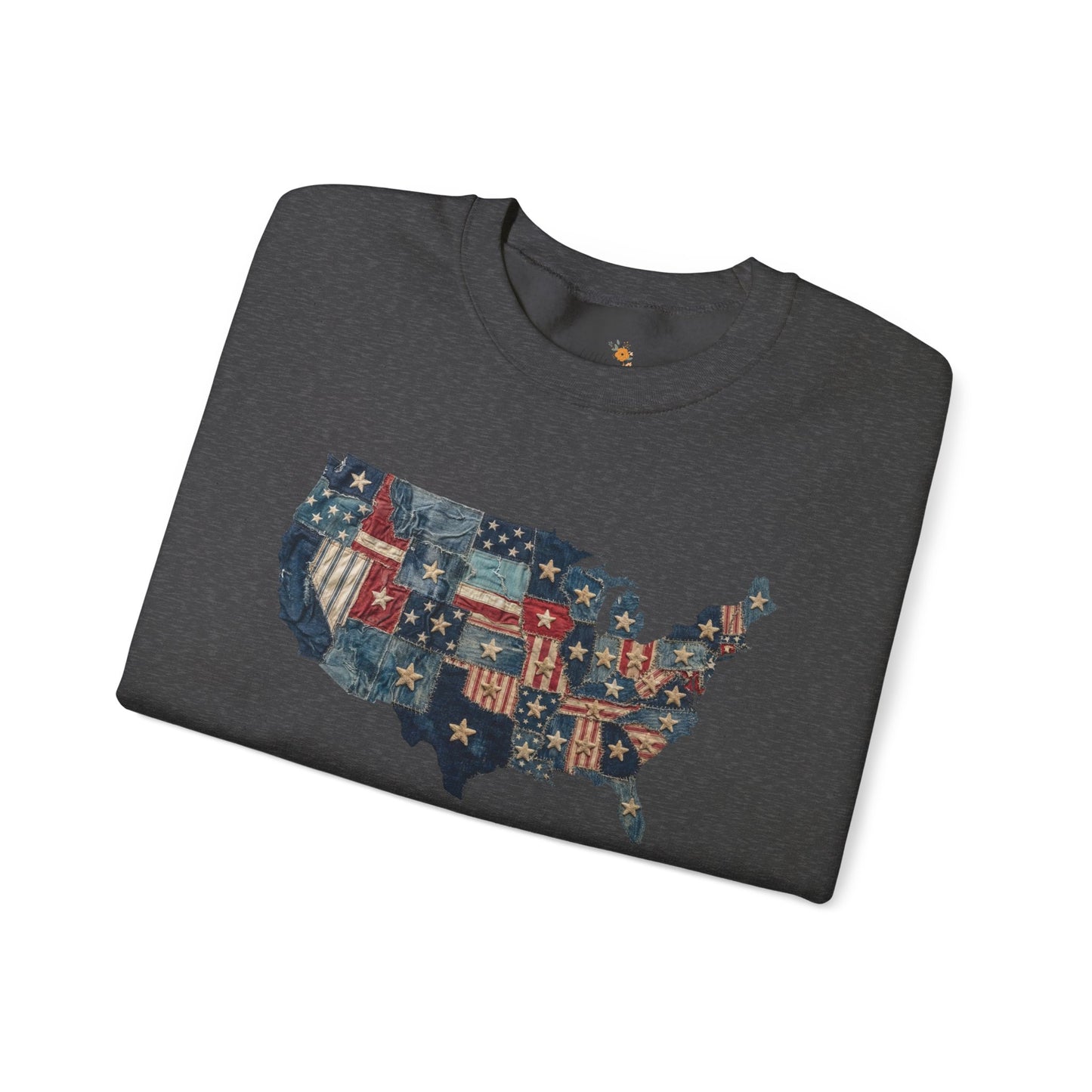 Patchwork American Flag Sweatshirt • USA Denim Map Crewneck • Patriotic Vintage Stars Graphic